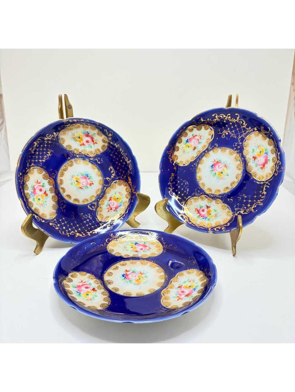 Antique Japanese Nippon Era Cobalt Blue Cabinet Plates | Set Hand Painted Floral
